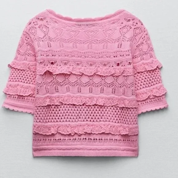 NEW ZARA Pink Cotton Knit Crochet Crop Top: Cottagecore Cardigan - Picture 7 of 16